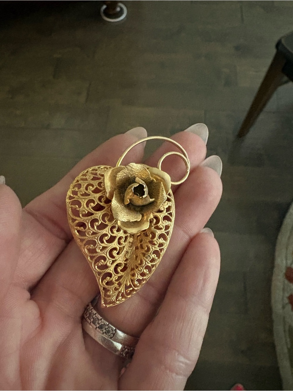 Vintage Gold Filigree Leaf Pendant with Rose Accent - Women Jewelry